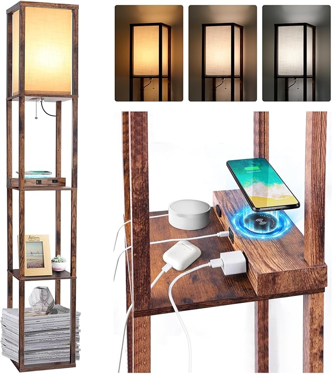 Floor Lamp with Wireless Charger, Modern Shelves Floor Lamp with USB A+C Ports & 2 AC Outlets,3 Color Temperature Corner Floor Lamps for Living Room Bedroom Office (Brown) - LeafyLoom