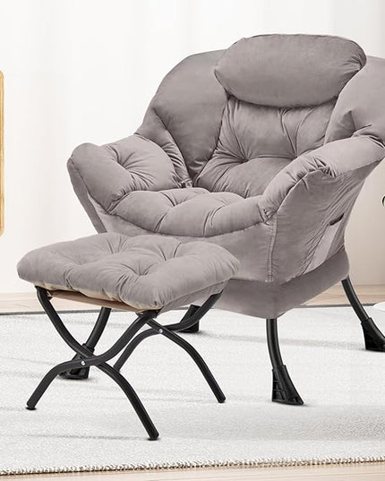 Lazy Chair with Folding Ottoman Modern Large Accent Chair,Contemporary Lounge Leisure Sofa Chair with Armrests Upholstered Sofa Armchair Reading Chair for Bedroom,Dorm & Office,Light Grey - LeafyLoom