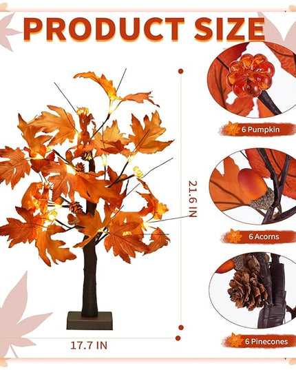 22 Inch Lighted Maple Tree Fall Tree Thanksgiving Tree Decorations with 6 Acorns & Pumpkins & Pinecones Autumn Decor with 18 LED Thanksgiving Decorations Indoor for Harvest, Fall, Party, Table - LeafyLoom