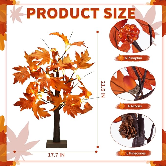 22 Inch Lighted Maple Tree Fall Tree Thanksgiving Tree Decorations with 6 Acorns & Pumpkins & Pinecones Autumn Decor with 18 LED Thanksgiving Decorations Indoor for Harvest, Fall, Party, Table - LeafyLoom