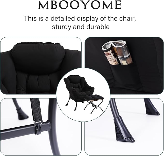Lazy Chair with Ottoman, Modern Accent Chair Contemporary Lounge Leisure Upholstered Sofa Chair Set with Armrests, Reading Chair for Living Room, Bedroom, Office, Black - LeafyLoom