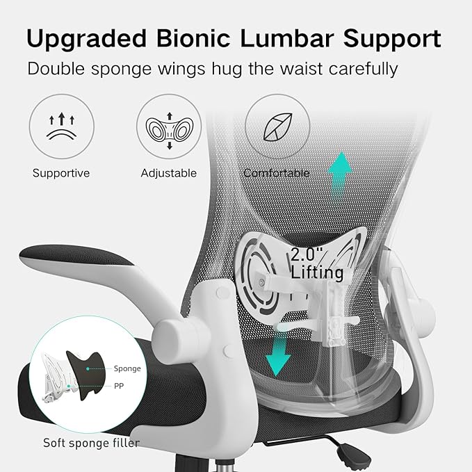 Hbada Office Chair Ergonomic Desk Chair, Office Desk Chairs with PU Silent Wheels, Breathable Mesh Computer Chair with Adjustable Lumbar Support, Flip-up Armrests, Tilt Function, White - LeafyLoom