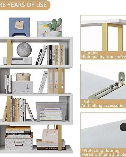Bookshelf geometric bookcase S Shaped industrial bookshelf Storage Display Stand Shelf for Living Room Bedroom and office Room (White, 4 Tier) - LeafyLoom