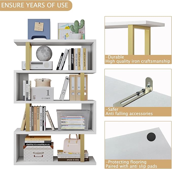 Bookshelf geometric bookcase S Shaped industrial bookshelf Storage Display Stand Shelf for Living Room Bedroom and office Room (White, 4 Tier) - LeafyLoom