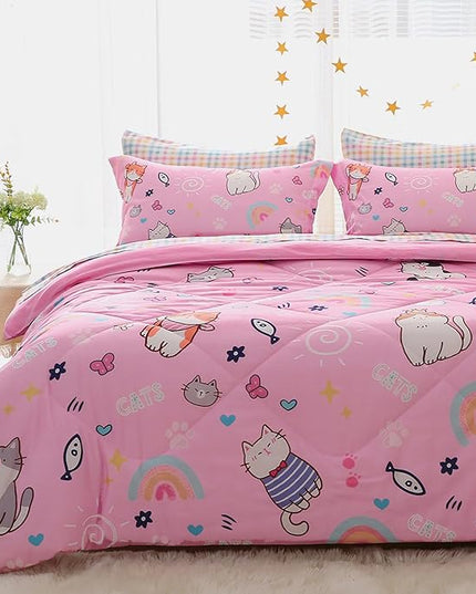 Pink Cats Comforter Set Twin Size for Girls Kids Teens 7 Piece Cute Animal Fish Butterfly Bed in A Bag Cartoon Rainbow Star Sun Heart Bedding Set All Season Lightweight - LeafyLoom