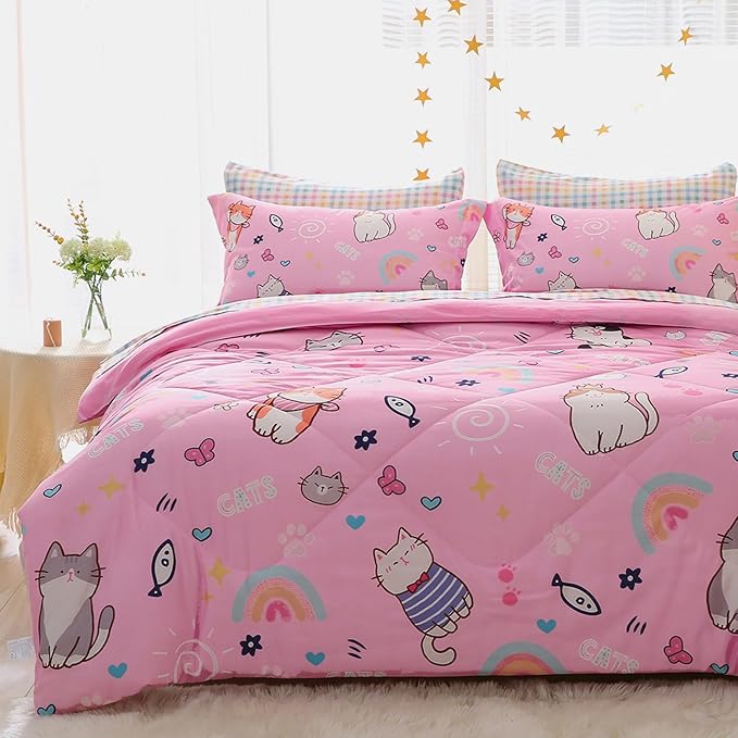 Pink Cats Comforter Set Twin Size for Girls Kids Teens 7 Piece Cute Animal Fish Butterfly Bed in A Bag Cartoon Rainbow Star Sun Heart Bedding Set All Season Lightweight - LeafyLoom