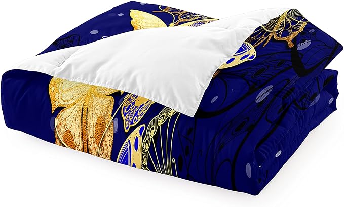 Butterfly Full Size Comforter Sets for Girls, Gold Blue Butterfly Bedding Sets Full Bedding Set for Adults Soft lightweight Bed Quilt Sets, 3 Piece 1 Comforter + 2 Pillowcases - LeafyLoom