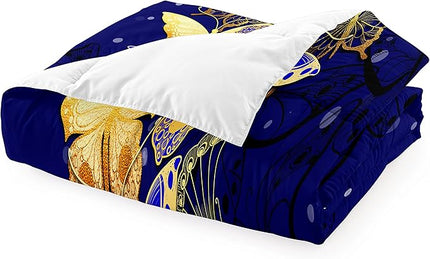 Butterfly Bedding Queen Size Comforter Set Blue Gold Butterfly Bedding Sets for Adult Teens Soft lightweight Bed Quilt Sets for Bedroom, 3 Piece 1 Comforter + 2 Pillowcases - LeafyLoom