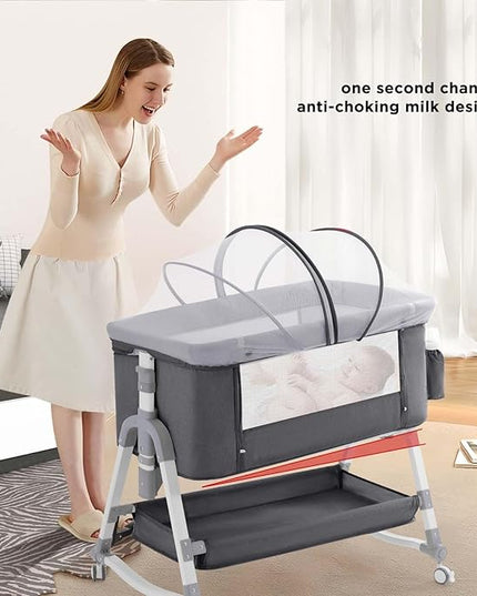 4 in 1 Baby Bassinet, Rocking Bassinets Bedside Sleeper with Comfy Mattress and Wheels, Height Adjustable Easy Folding Portable Bedside Crib for Newborn Infant,Dark Gray - LeafyLoom