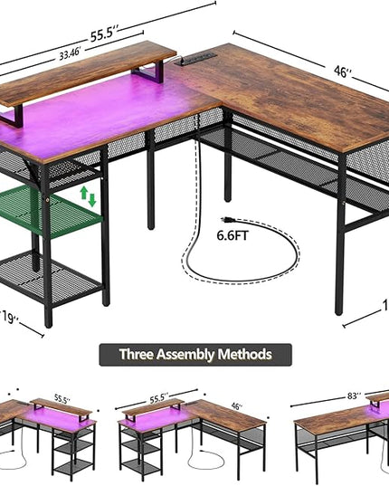 Unikito L Shaped Desk with USB Charging Port and Power Outlet, Reversible L-Shaped Corner Computer Desk with Storage Shelves, Industrial 2 Person Gaming Table Modern Home Office Desk, Rustic Brown - LeafyLoom