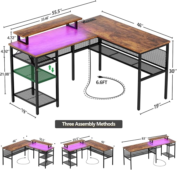 Unikito L Shaped Desk with USB Charging Port and Power Outlet, Reversible L-Shaped Corner Computer Desk with Storage Shelves, Industrial 2 Person Gaming Table Modern Home Office Desk, Rustic Brown - LeafyLoom