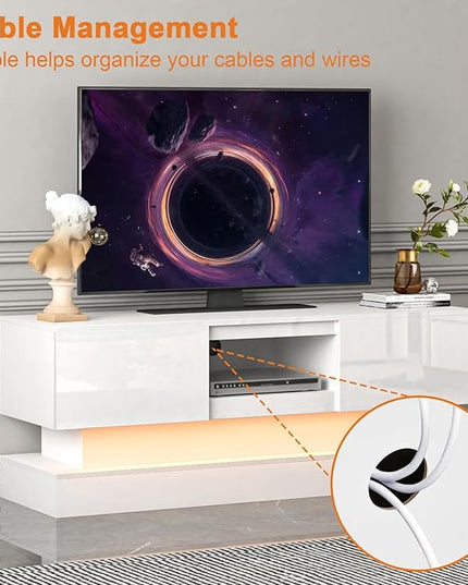White TV Stand Modern - TV Stands with Led Lights and Storage Drawers for TVs up to 55 Inch - Gaming TV Entertainment Stand for Living Room, Bedroom - LeafyLoom