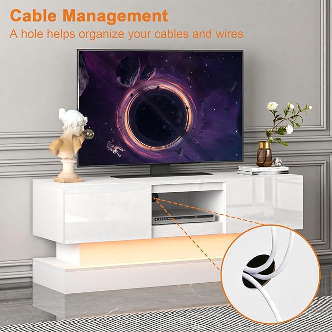 White TV Stand Modern - TV Stands with Led Lights and Storage Drawers for TVs up to 55 Inch - Gaming TV Entertainment Stand for Living Room, Bedroom - LeafyLoom