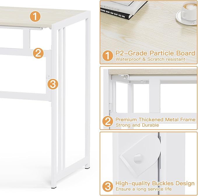 Folding Desk 32'' Computer Desk No Assembly Required Foldable Table Space Saving Writing Workstation for Home Office (Beige, White) - LeafyLoom