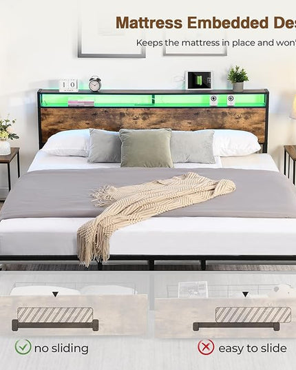 LED Queen Bed Frame with 2 Storage Drawers & Headboard, Platform Metal Bed Frame with Charging Station, Noise-Free, No Box Spring Needed, Vintage Brown - LeafyLoom