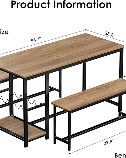 3-Piece Kitchen Table for 4, 54.7" Dining Table Set with 2 Benches, Dining Room Table with MDF Wood Board, Storage Shelf, Wine and Glass Rack, Industrial (Brown) - LeafyLoom