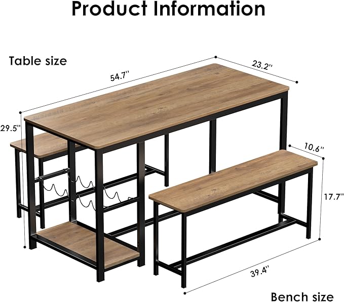 3-Piece Kitchen Table for 4, 54.7" Dining Table Set with 2 Benches, Dining Room Table with MDF Wood Board, Storage Shelf, Wine and Glass Rack, Industrial (Brown) - LeafyLoom