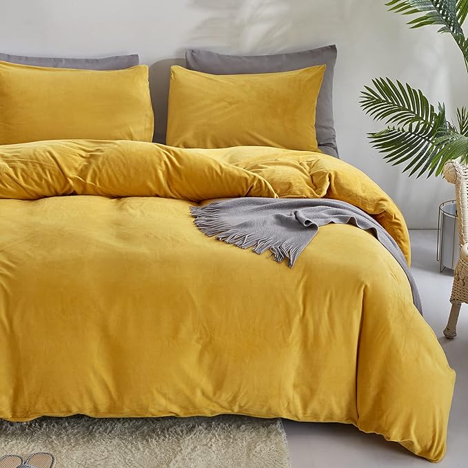 Wellboo Mustard Velvet Comforter Sets Queen Women Turmeric Yellow Fluffy Bedding Comforters Teen Girls Dark Yellow Plush Quilts Soft Warm Winter Flannel Blankets Solid Yellow Luxury Shaggy Crystal Bed - LeafyLoom