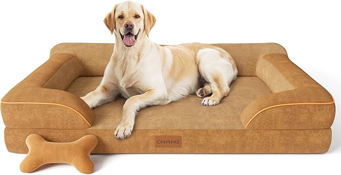 Jumbo Orthopedic Dog Bed for Extra Large Dogs With Cooling Gel Memory Foam, Waterproof, Removable Washable Cover, 45" Sofa Couch, Dutch Velvet With Bone Toy, Brown LeafyLoom