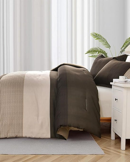 Brown Comforter Set King, Reversible Brown Striped Down Alternative Comforter for King Bed,3 Pieces (1 Comforter+2 Pillowcases), Soft Microfiber Bedding Duvet Set 104"×90" - LeafyLoom