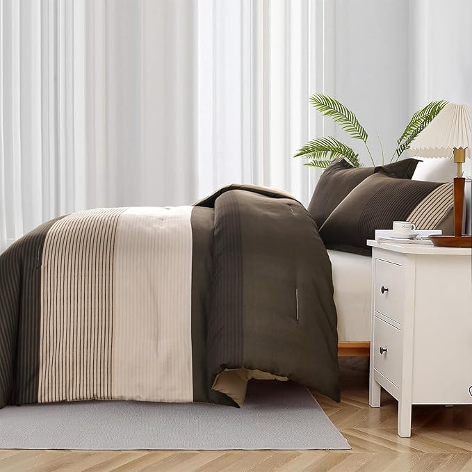 Brown Comforter Set Queen, Reversible Brown Striped Down Alternative Comforter for Queen Bed,3 Pieces (1 Comforter+2 Pillowcases), Soft Microfiber Bedding Duvet Set 90"×90" - LeafyLoom