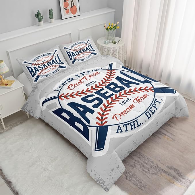 Datura home Baseball Comforter Set Vintage Grey Baseball Printed Quilt Bedding Set with 1 Comforter and 2 Pillowcases for Boys and Girls Bedroom All Season(Baseball Twin) - LeafyLoom