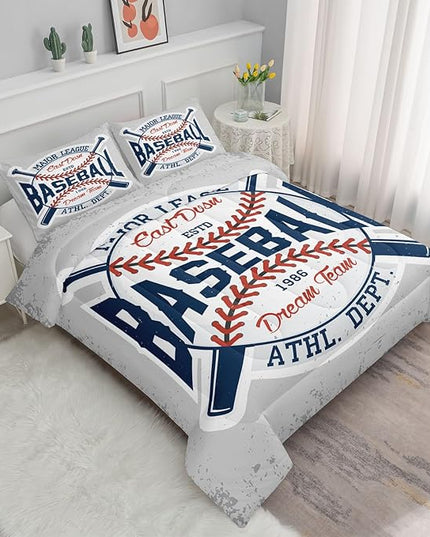 Datura home Baseball Comforter Set Vintage Grey Baseball Printed Quilt Bedding Set with 1 Comforter and 2 Pillowcases for Boys and Girls Bedroom All Season(Baseball Queen) - LeafyLoom