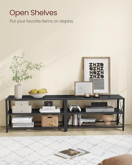 VASAGLE TV Stand, TV Console for TVs Up to 75 Inches, TV Table, 70.1 Inches Width, TV Cabinet with Storage Shelves, Steel Frame, for Living Room, Bedroom, Black with Wood Grain ULTV096B22 - LeafyLoom