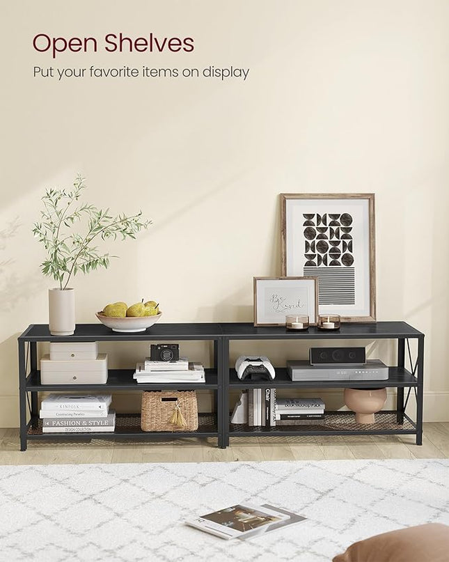 VASAGLE TV Stand, TV Console for TVs Up to 75 Inches, TV Table, 70.1 Inches Width, TV Cabinet with Storage Shelves, Steel Frame, for Living Room, Bedroom, Black with Wood Grain ULTV096B22 - LeafyLoom