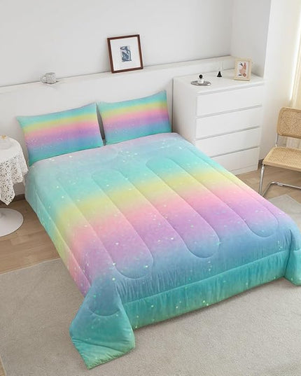 Rainbow Comforter Set King Size Tie Dye Pastel Bedding Comforter Sets for Boys Girls Kids Bedroom Decor, Glitter Galaxy Bedding Ink Pastel Printing Duvet Insert with 2 Pillowcases, Pink Blue Yellow - LeafyLoom