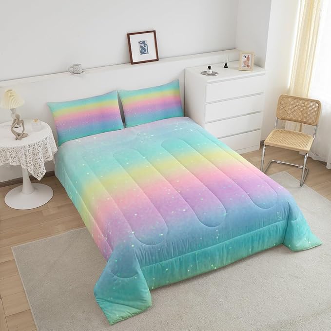 Rainbow Comforter Set Tie Dye Pastel Twin Beddings for Girls Galaxy Glitter Bedding Comforter Sets for Boys Kids Women Bedroom Decor, Girly Gradient Star Sky Ombre Duvet Insert, Pink Blue Yellow - LeafyLoom