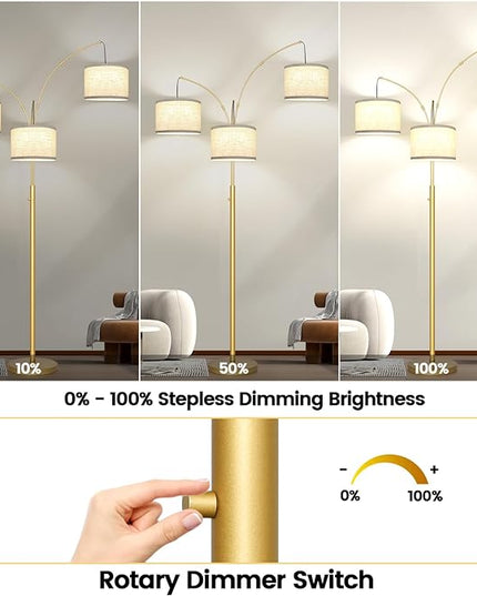 Nintiue Dimmable Floor Lamp - 3 Lights Gold Arc Floor Lamps for Living Room, 1000LM Modern Tall Standing Lamp with White Shades, Mid Century Tree Floor Lamp for Bedroom Office, 3 LED Bulbs Included - LeafyLoom