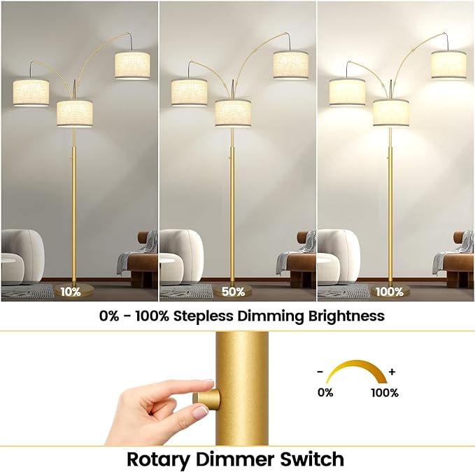 Nintiue Dimmable Floor Lamp - 3 Lights Gold Arc Floor Lamps for Living Room, 1000LM Modern Tall Standing Lamp with White Shades, Mid Century Tree Floor Lamp for Bedroom Office, 3 LED Bulbs Included - LeafyLoom