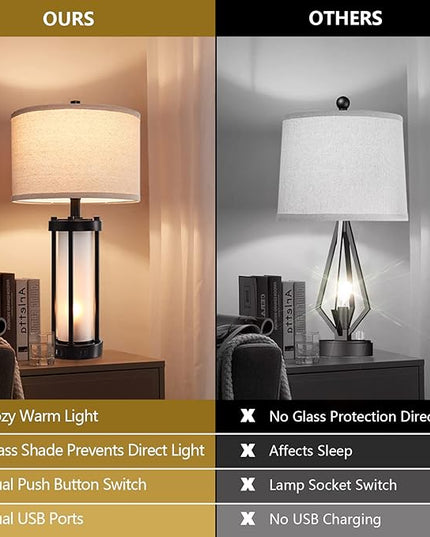 Set of 2 Modern Table Lamps for Living Room with 2 USB Ports, White Frosted Glass Nightlight for Bedroom, Contemporary Desk Lamps for Nightstand End Table Entryway, 4 Bulbs Included (Black) - LeafyLoom