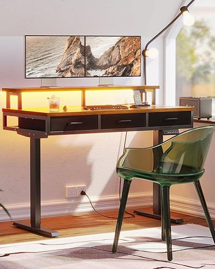 AODK 47 Inch Electric Standing Desk with 3 Drawers, Brown, Height Adjustable Desk with Power Outlets & LED Lights, Stand Up Desk with Monitor Shelf, Sit Stand Desk Computer Workstation - LeafyLoom