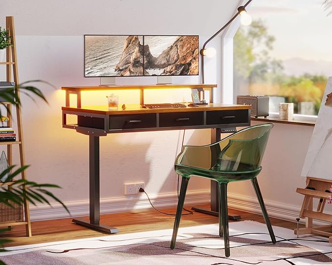 AODK 47 Inch Electric Standing Desk with 3 Drawers, Brown, Height Adjustable Desk with Power Outlets & LED Lights, Stand Up Desk with Monitor Shelf, Sit Stand Desk Computer Workstation - LeafyLoom