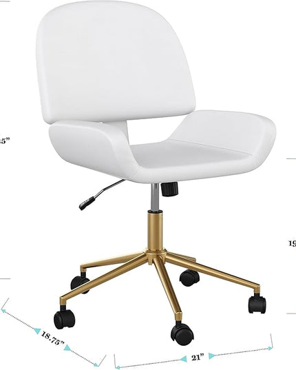 Martha Stewart Tyla Armless Swivel Task Chair for Home Office in White Faux Leather with Polished Brass Frame - LeafyLoom