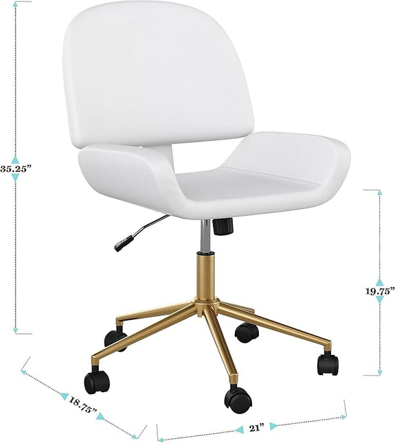 Martha Stewart Tyla Armless Swivel Task Chair for Home Office in White Faux Leather with Polished Brass Frame - LeafyLoom