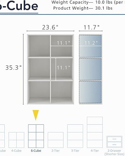 Apexa 6 Cube Storage Organizer Shelves, Stackable Wood Bookcase Fits Cubby Bins for Organization, Dorm Teen Room Decor & Home Office, White - LeafyLoom