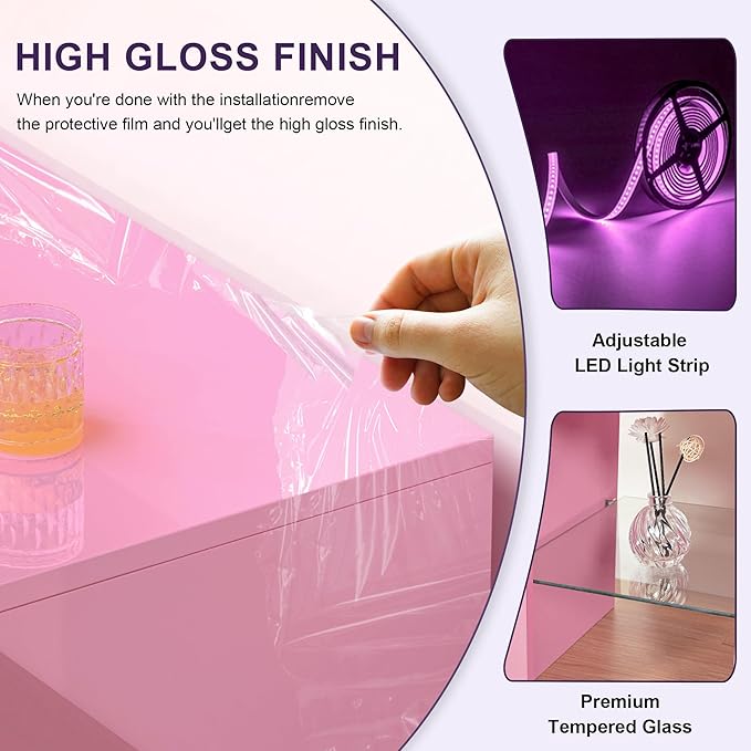 Clikuutory Pink LED TV Stand with Large Storage Drawer for 32 40 50 55 Inch TVs, Modern High gloss TV Console Table with Entertainment Center for Living Room, Bedroom, Pink - LeafyLoom
