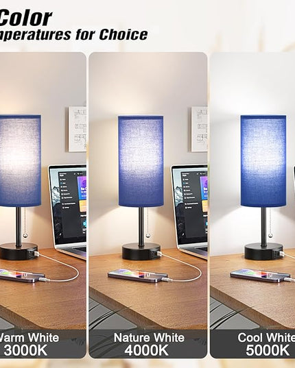Blue Table Bedside Lamp for Bedroom Nightstand - Small Lamp with USB A + C Charging Port, 3 Color Temperatures Pull Chain Night Stand Light with Bulb, Side Table Desk Reading Lamp for Living Room - LeafyLoom