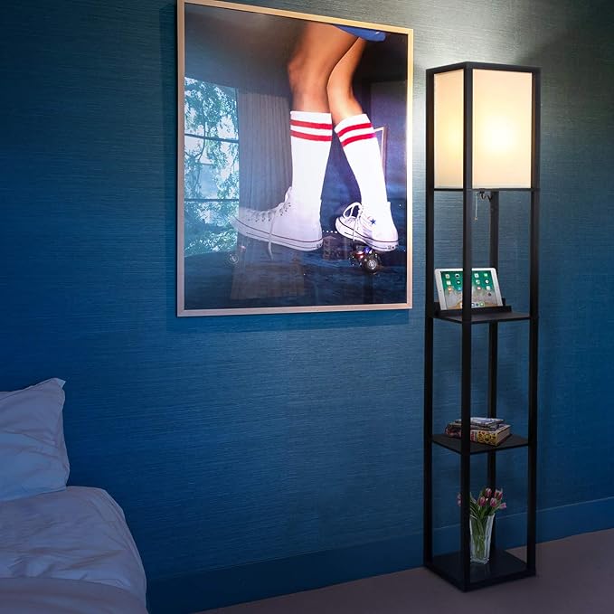 Brightech Maxwell – Modern Shelf Floor Lamp with USB Ports, Wireless Charging & Outlet – Versatile Corner Display and Lamp with Shelves, Storage Solution for Living Room, Office, Bedroom – Black - LeafyLoom