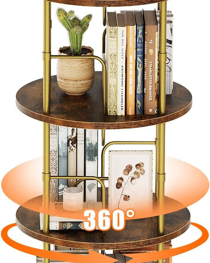Rotating Bookshelf, 3 Tier Round Revolving Bookcase with Special Visible Partition Storage, 360° Display Spinning Bookshelf Tower Storage Organizer Rack for Bedroom, Living Room, Small Space, Gold - LeafyLoom