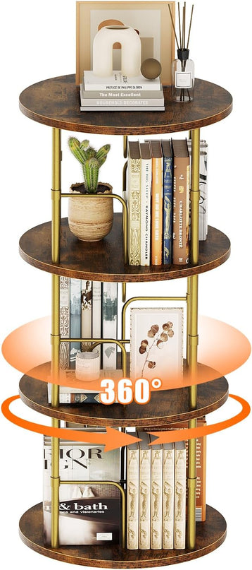 Rotating Bookshelf, 3 Tier Round Revolving Bookcase with Special Visible Partition Storage, 360° Display Spinning Bookshelf Tower Storage Organizer Rack for Bedroom, Living Room, Small Space, Gold - LeafyLoom