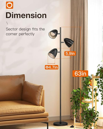 addlon Tree Floor Lamp with 3 Adjustable Rotating Lights and Matching LED Bulbs, Standing Tall Pole Lamps for Living Room, Bedroom, Home, Office - Black - LeafyLoom