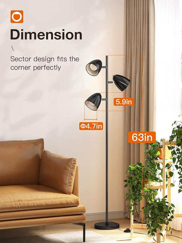 addlon Tree Floor Lamp with 3 Adjustable Rotating Lights and Matching LED Bulbs, Standing Tall Pole Lamps for Living Room, Bedroom, Home, Office - Black - LeafyLoom