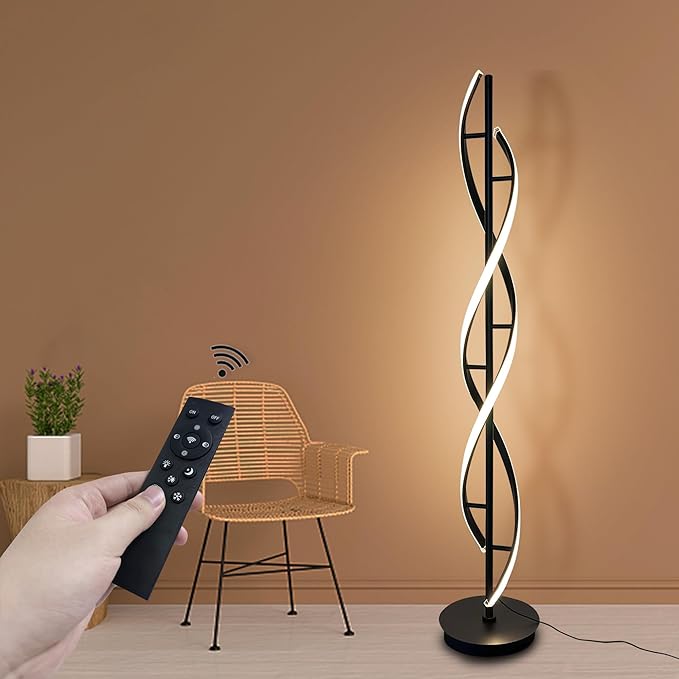 LED Spiral Floor Lamp 53 inch, with Remote Control Three Color Dimmable Standing Lamps, Modern Creative Pole Lamp, 36W Floor Lamps for Living Room, Bedroom, Office, Study Light（Black） - LeafyLoom