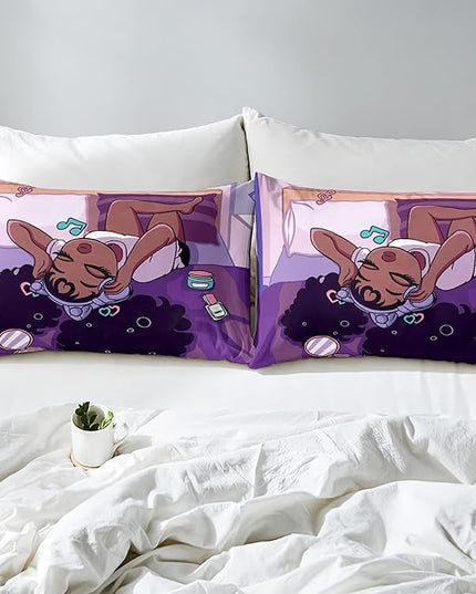 African American Black Girl Comforter Set Twin Size, Black Girls Magic Duvet Comforter for Kawaii Bedroom Decor, Black Girl Love Music Purple Bedding Set with 1 Comforter +1 Pillowcase - LeafyLoom