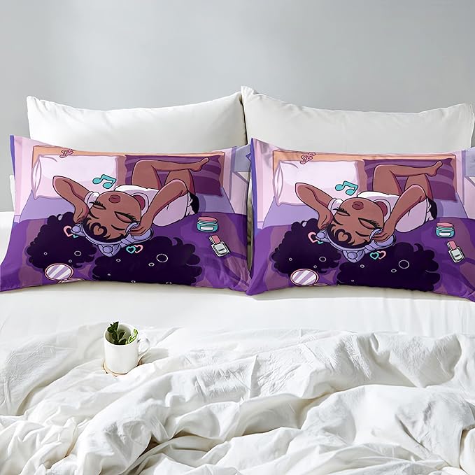 African American Girls Comforter Sets, Pretty Black Girls Love Music Purple Duvet, Fluffy Afro Gilrs Comforter Bedding Set, Queen Size Black Girls Magic Comforter Sets 1 Comforter +2 Pillowcases - LeafyLoom
