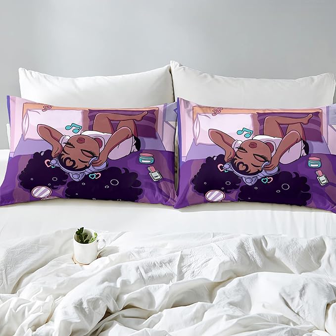 Black Girls Magic Comforter Sets, African American Girl Love Music Purple Designs Soft Fluffy Comforter Duvet, Full Size Afro Pretty Girls Comforter Set for Teens Kids Princess Cute Room Decor - LeafyLoom